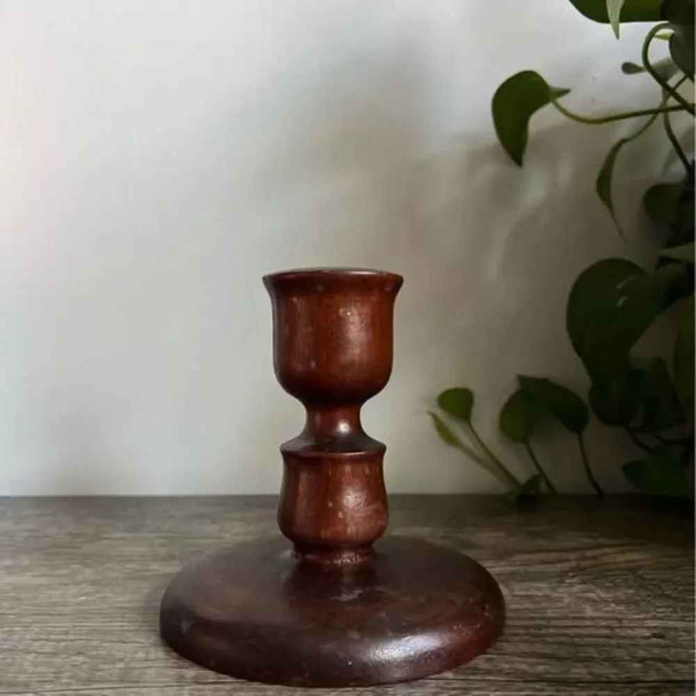 Vintage MCM Dark Brown Wood Candle Holder